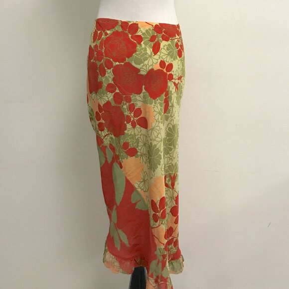 Harari red peach green floral silk midi skirt XL made in USA vintage - Picture 3 of 6